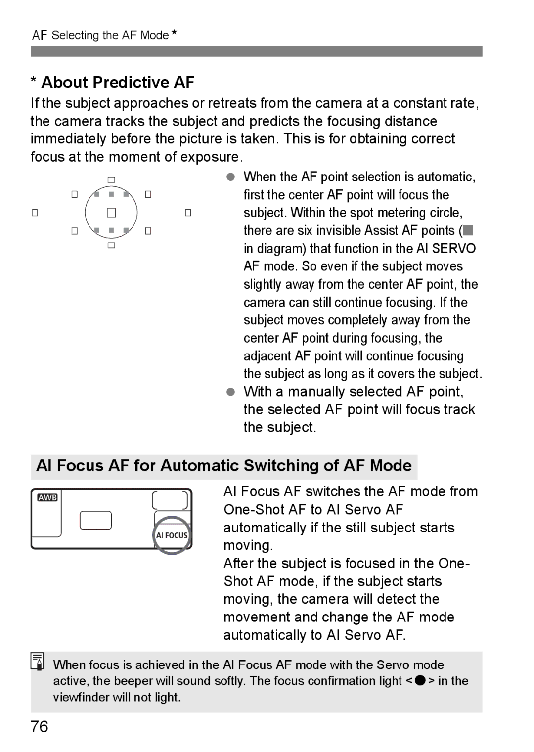 Canon EOS 5D instruction manual About Predictive AF, AI Focus AF for Automatic Switching of AF Mode 