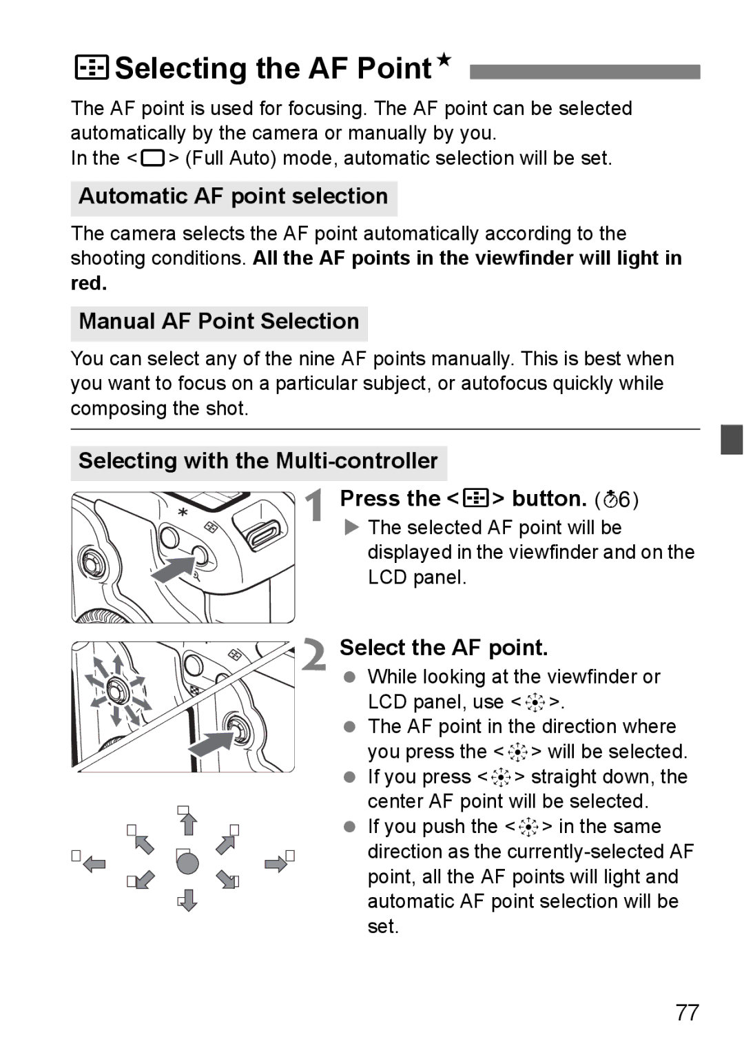 Canon EOS 5D SSelecting the AF PointN, Automatic AF point selection, Manual AF Point Selection, Select the AF point 