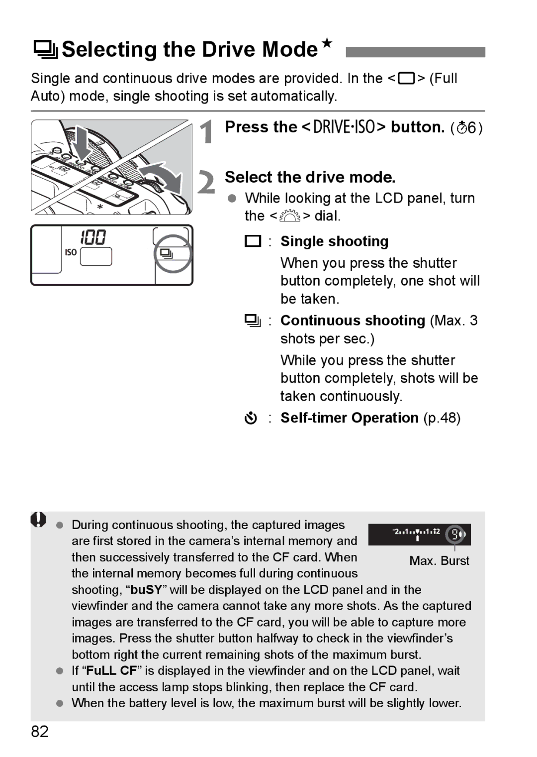 Canon EOS 5D instruction manual ISelecting the Drive ModeN, Press the R button Select the drive mode, Single shooting 