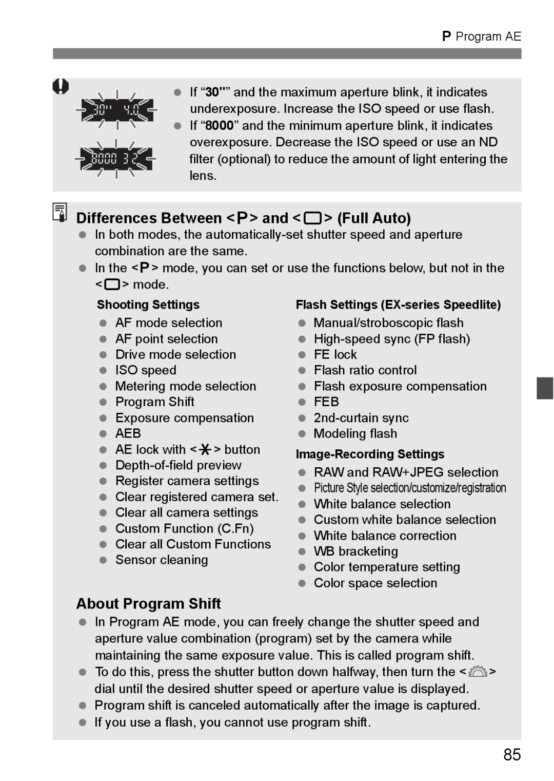 Canon EOS 5D Differences Between d and 1 Full Auto, About Program Shift, Shooting Settings, Image-Recording Settings 