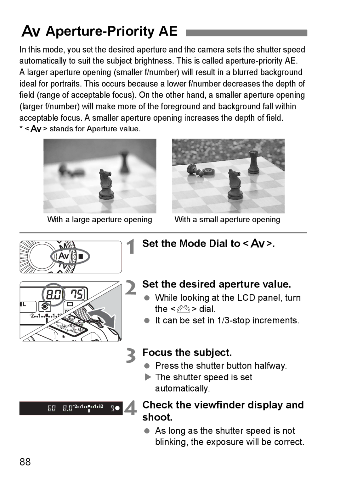 Canon EOS 5D instruction manual FAperture-Priority AE, Set the Mode Dial to f Set the desired aperture value 