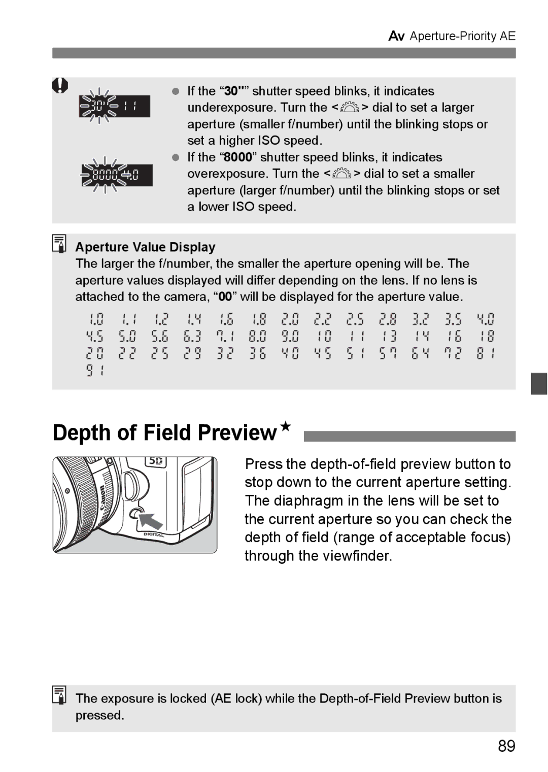 Canon EOS 5D instruction manual Depth of Field PreviewN, Aperture Value Display 