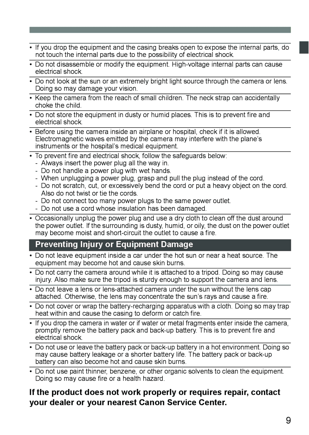 Canon EOS 5D instruction manual Preventing Injury or Equipment Damage 