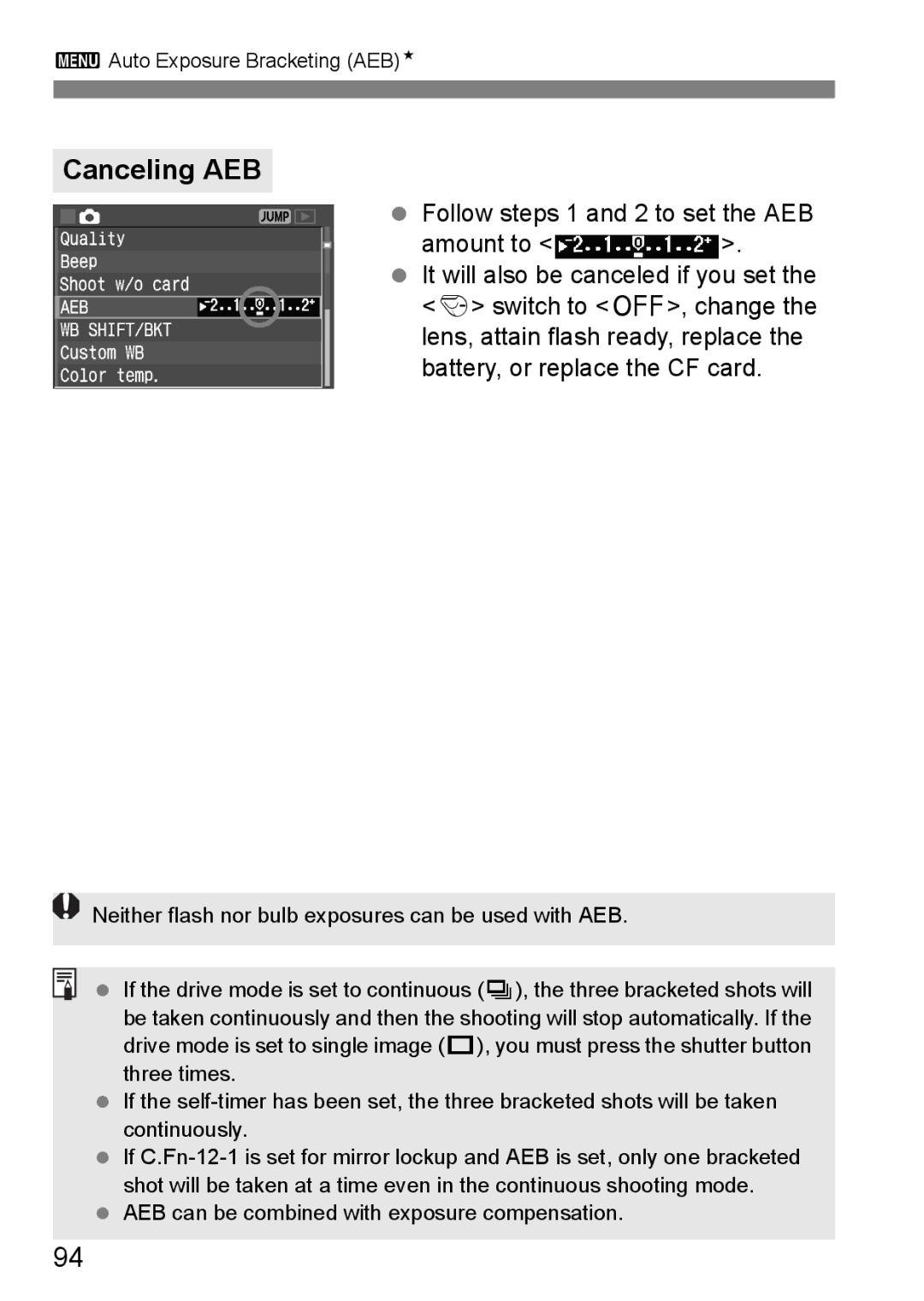 Canon EOS 5D instruction manual Canceling AEB 