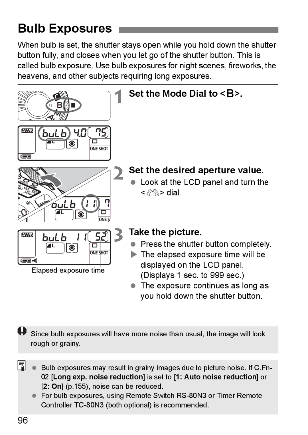 Canon EOS 5D instruction manual Bulb Exposures, Set the Mode Dial to k Set the desired aperture value 