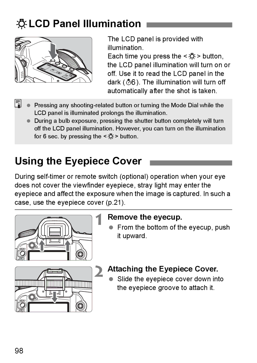 Canon EOS 5D Ulcd Panel Illumination, Using the Eyepiece Cover, Remove the eyecup, Attaching the Eyepiece Cover 