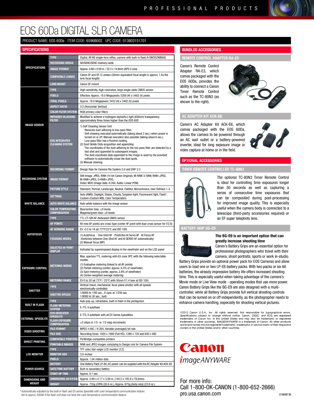 Canon EOS 60DA manual Specifications, Bundledoptionalaccessories Remote Control Adapter RA-E3, AC Adapter KIT ACK-E6 