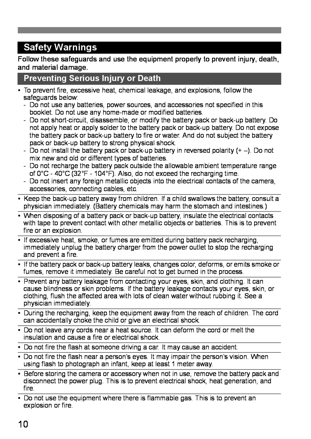 Canon EOS DIGITAL REBEL XTI instruction manual Safety Warnings, Preventing Serious Injury or Death 