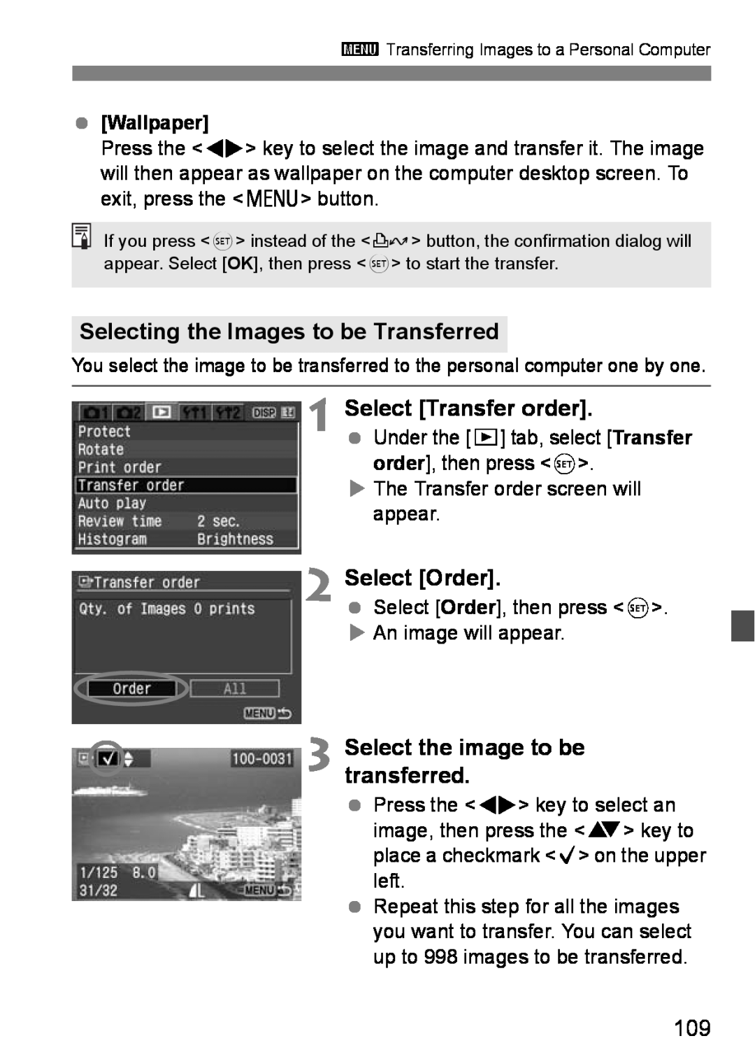 Canon EOS DIGITAL REBEL XTI Selecting the Images to be Transferred, Select Transfer order, Select Order, Wallpaper 