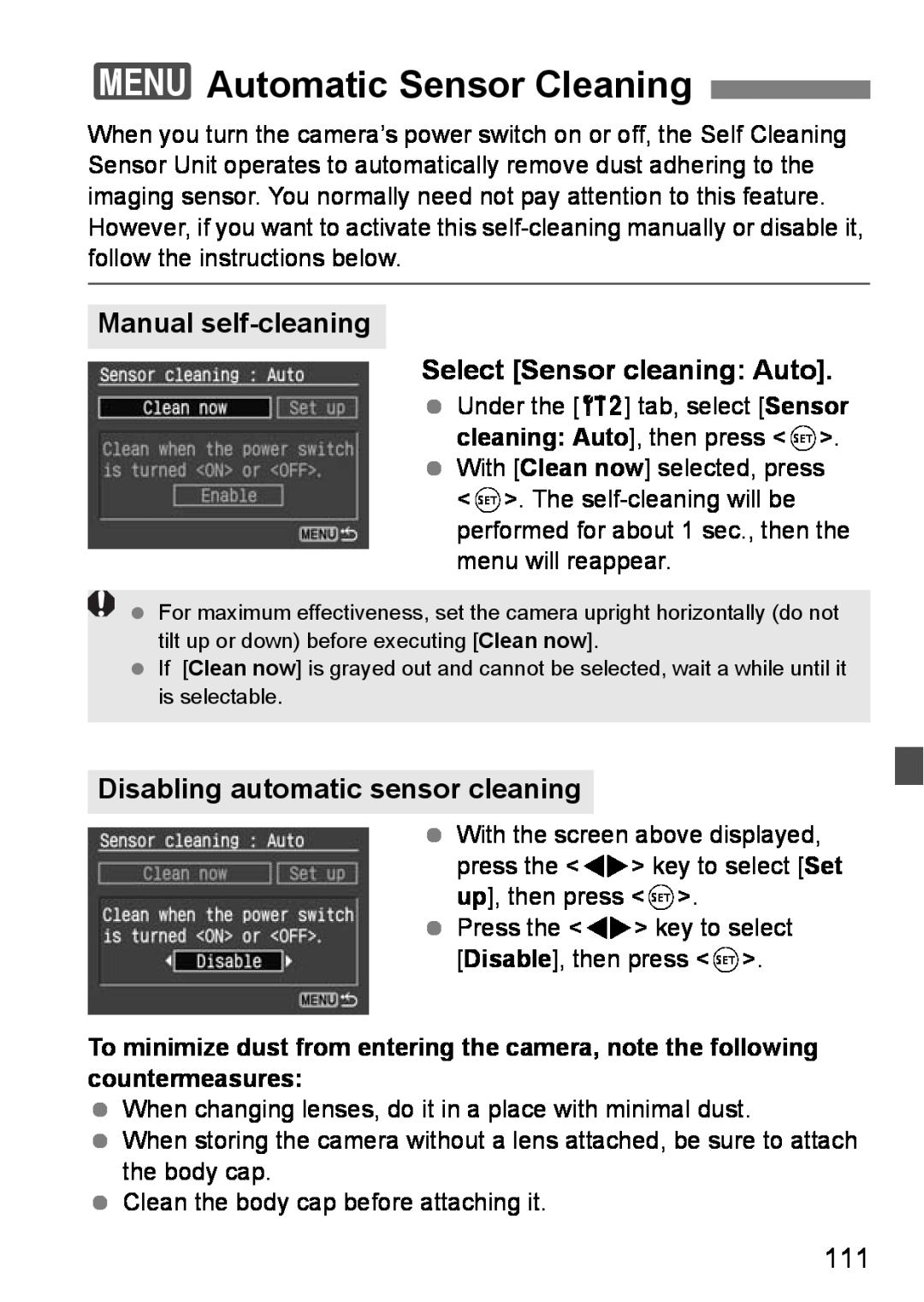Canon EOS DIGITAL REBEL XTI instruction manual 3Automatic Sensor Cleaning, Manual self-cleaning Select Sensor cleaning Auto 