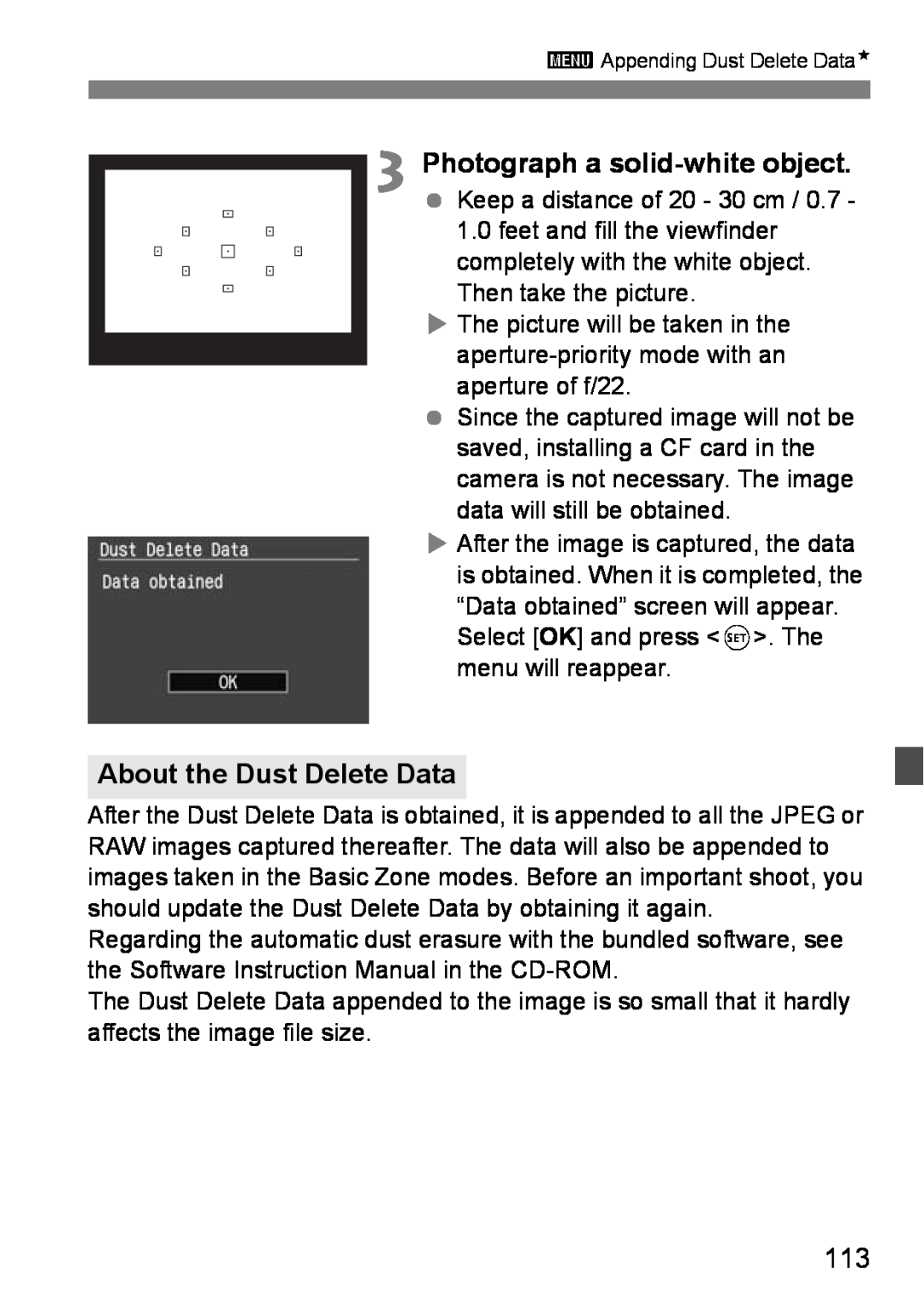 Canon EOS DIGITAL REBEL XTI instruction manual Photograph a solid-white object, About the Dust Delete Data 