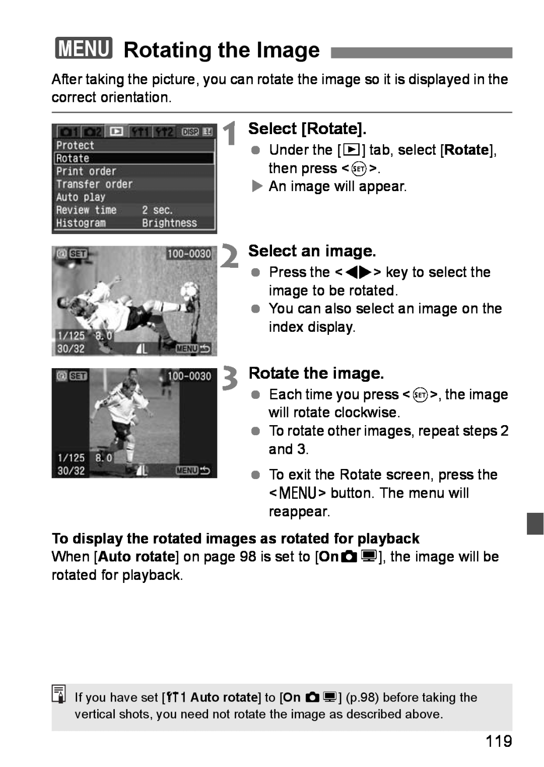 Canon EOS DIGITAL REBEL XTI instruction manual 3Rotating the Image, Select Rotate, Rotate the image, Select an image 