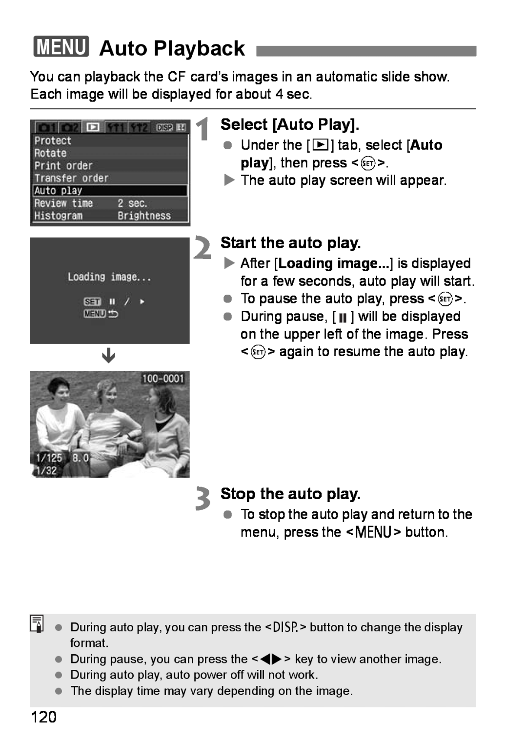 Canon EOS DIGITAL REBEL XTI instruction manual 3Auto Playback, Select Auto Play, Start the auto play, Stop the auto play 