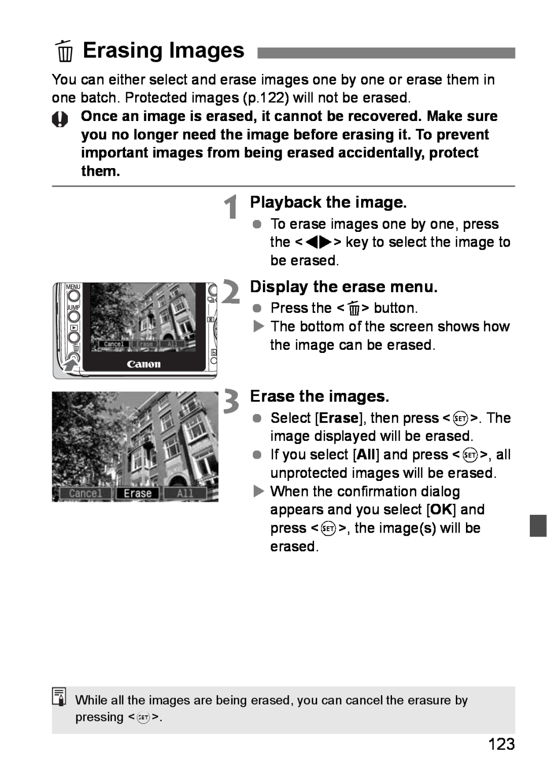 Canon EOS DIGITAL REBEL XTI LErasing Images, Playback the image, Display the erase menu, Erase the images 