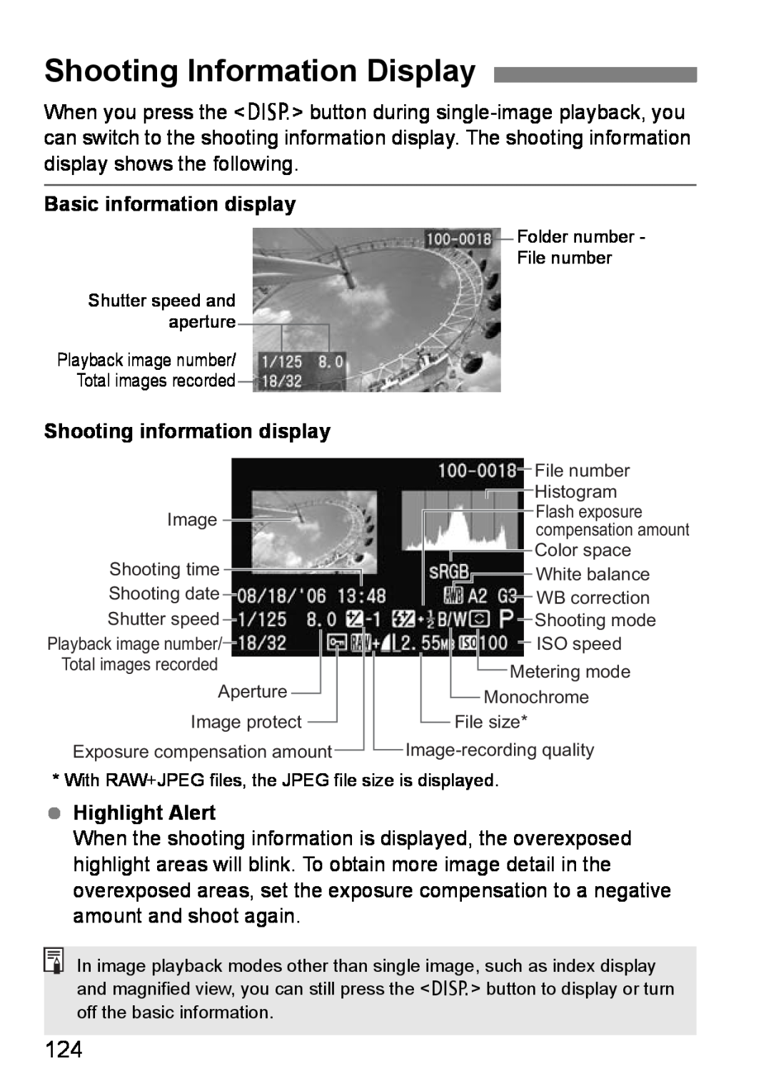 Canon EOS DIGITAL REBEL XTI Shooting Information Display, Basic information display, Shooting information display 