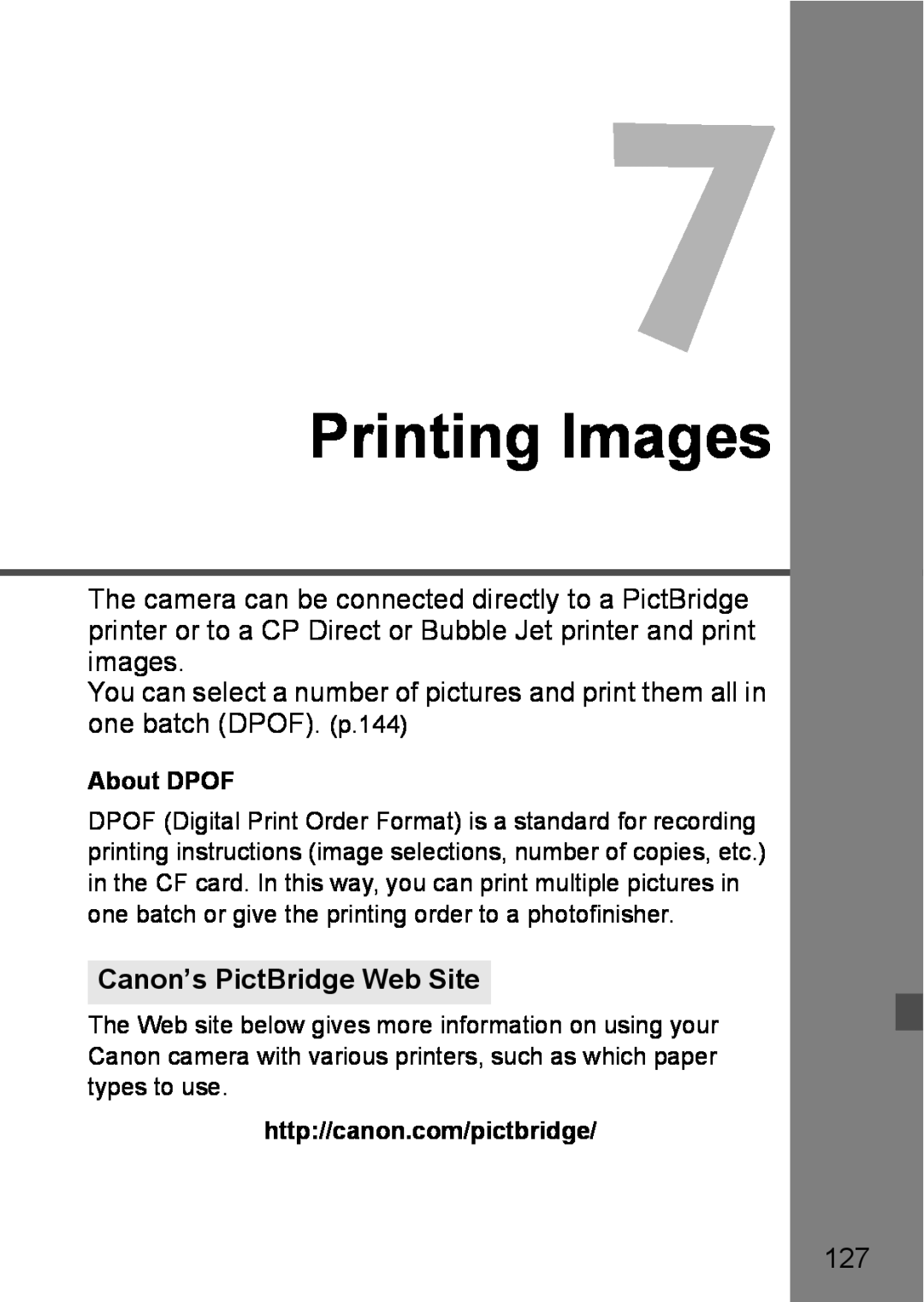 Canon EOS DIGITAL REBEL XTI instruction manual Printing Images, Canon’s PictBridge Web Site 
