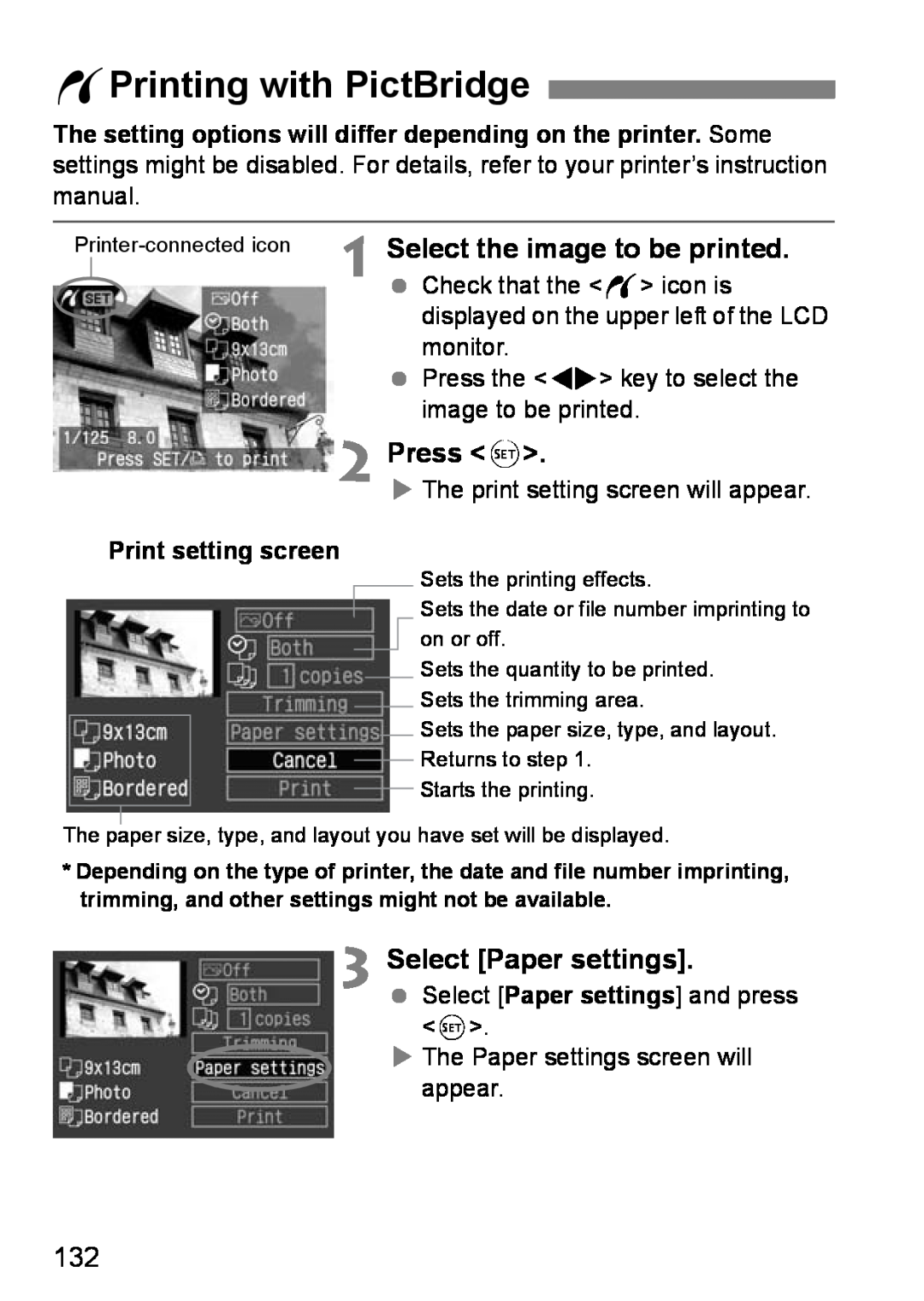 Canon EOS DIGITAL REBEL XTI wPrinting with PictBridge, Select the image to be printed, Select Paper settings, Press 
