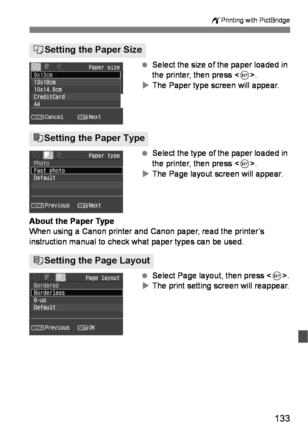 Canon EOS DIGITAL REBEL XTI instruction manual QSetting the Paper Size, YSetting the Paper Type, USetting the Page Layout 
