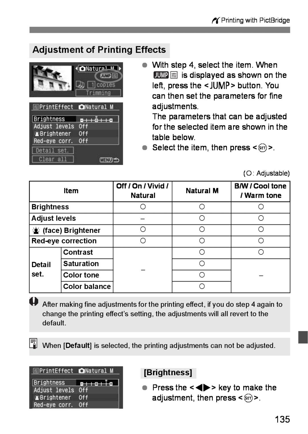 Canon EOS DIGITAL REBEL XTI instruction manual Adjustment of Printing Effects, Brightness 