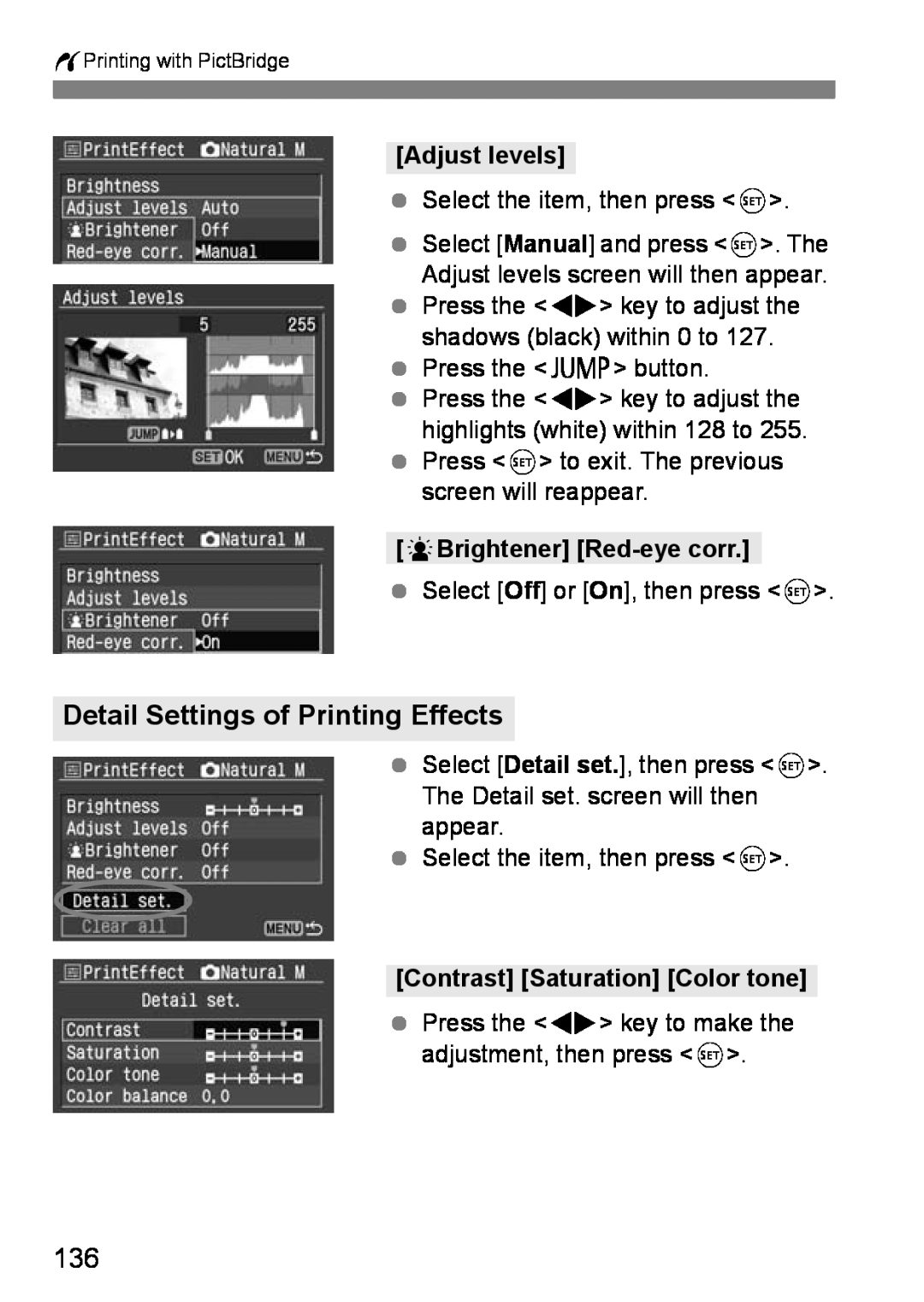 Canon EOS DIGITAL REBEL XTI instruction manual Detail Settings of Printing Effects, Adjust levels, kBrightener Red-eye corr 