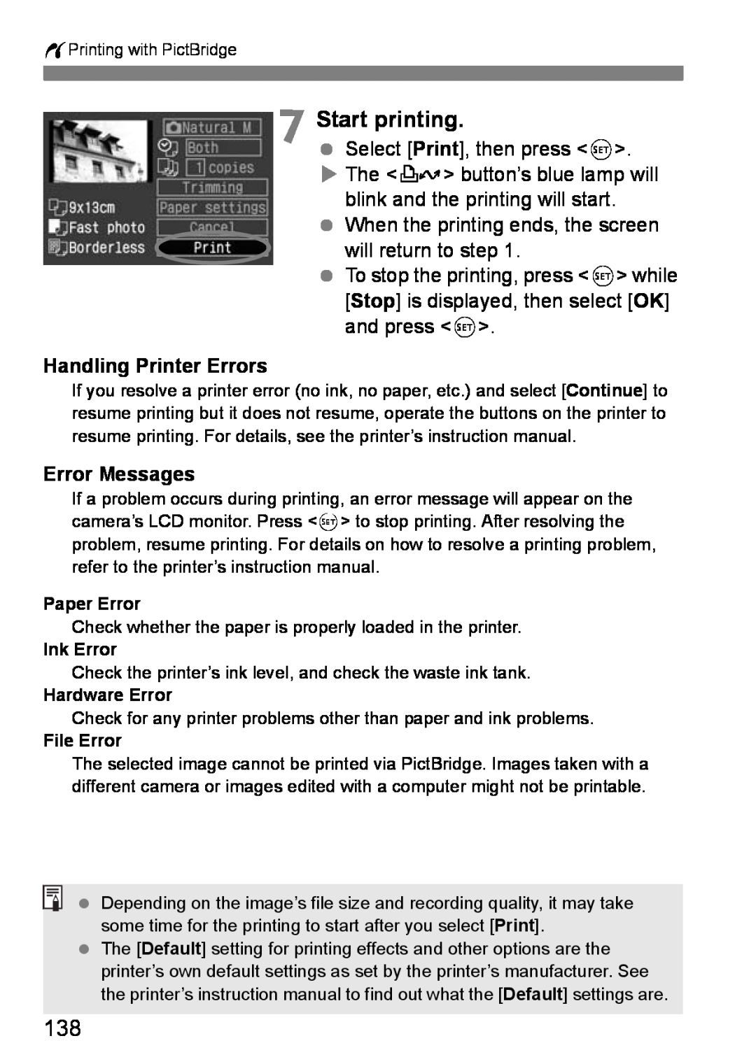 Canon EOS DIGITAL REBEL XTI instruction manual Start printing, Handling Printer Errors, Error Messages 