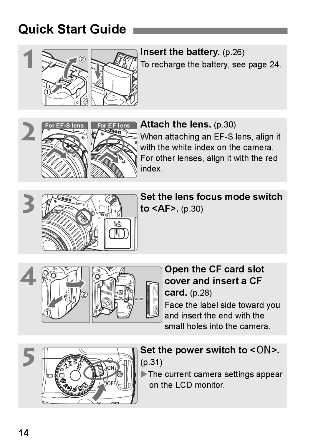 Canon EOS DIGITAL REBEL XTI Quick Start Guide, Insert the battery. p.26, For EF lens Attach the lens. p.30, For EF-S lens 