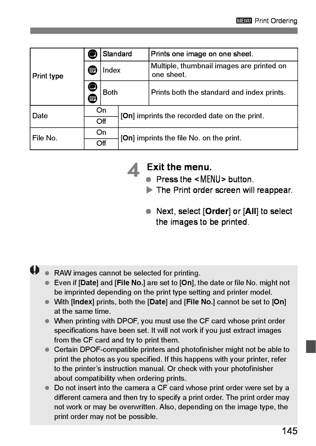 Canon EOS DIGITAL REBEL XTI instruction manual Exit the menu, Press the 7 button, X The Print order screen will reappear 