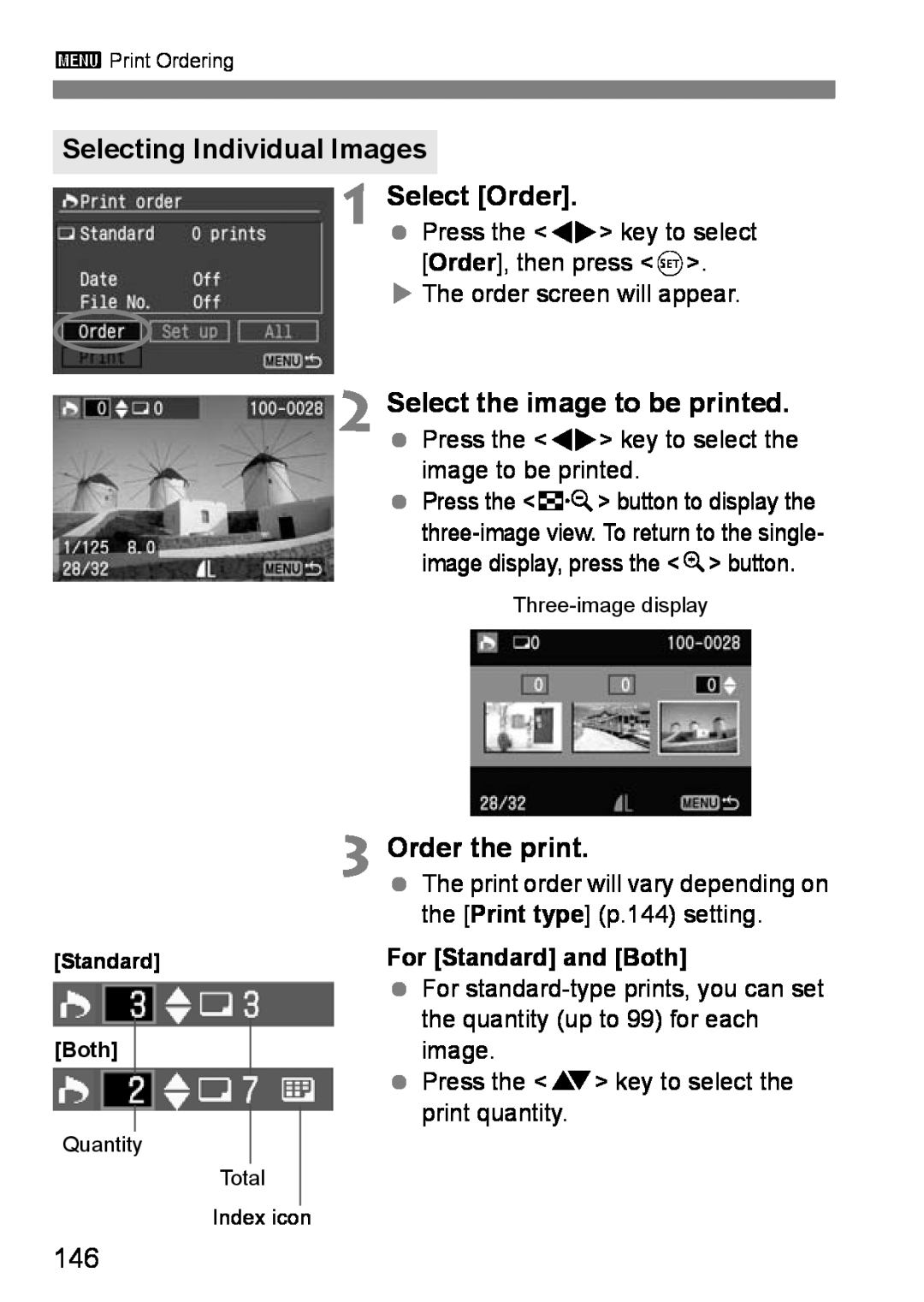 Canon EOS DIGITAL REBEL XTI Selecting Individual Images, Select Order, Order the print, Select the image to be printed 