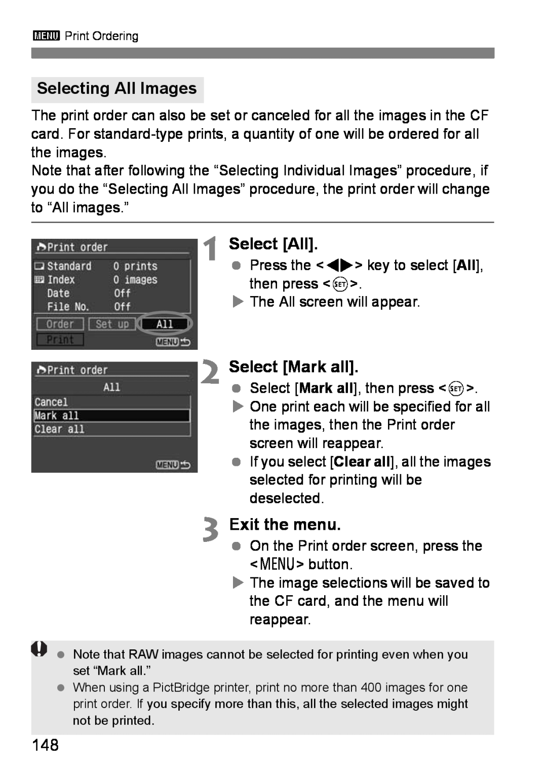 Canon EOS DIGITAL REBEL XTI instruction manual Selecting All Images, Select All, Select Mark all, Exit the menu 