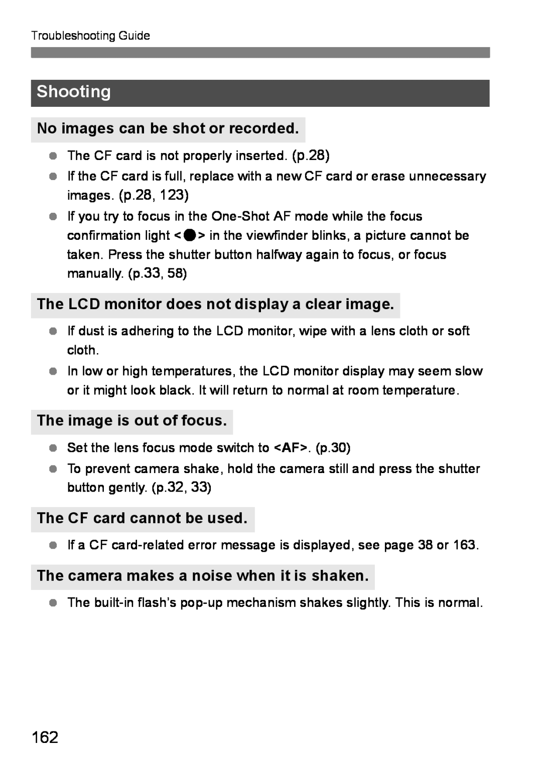 Canon EOS DIGITAL REBEL XTI Shooting, No images can be shot or recorded, The LCD monitor does not display a clear image 