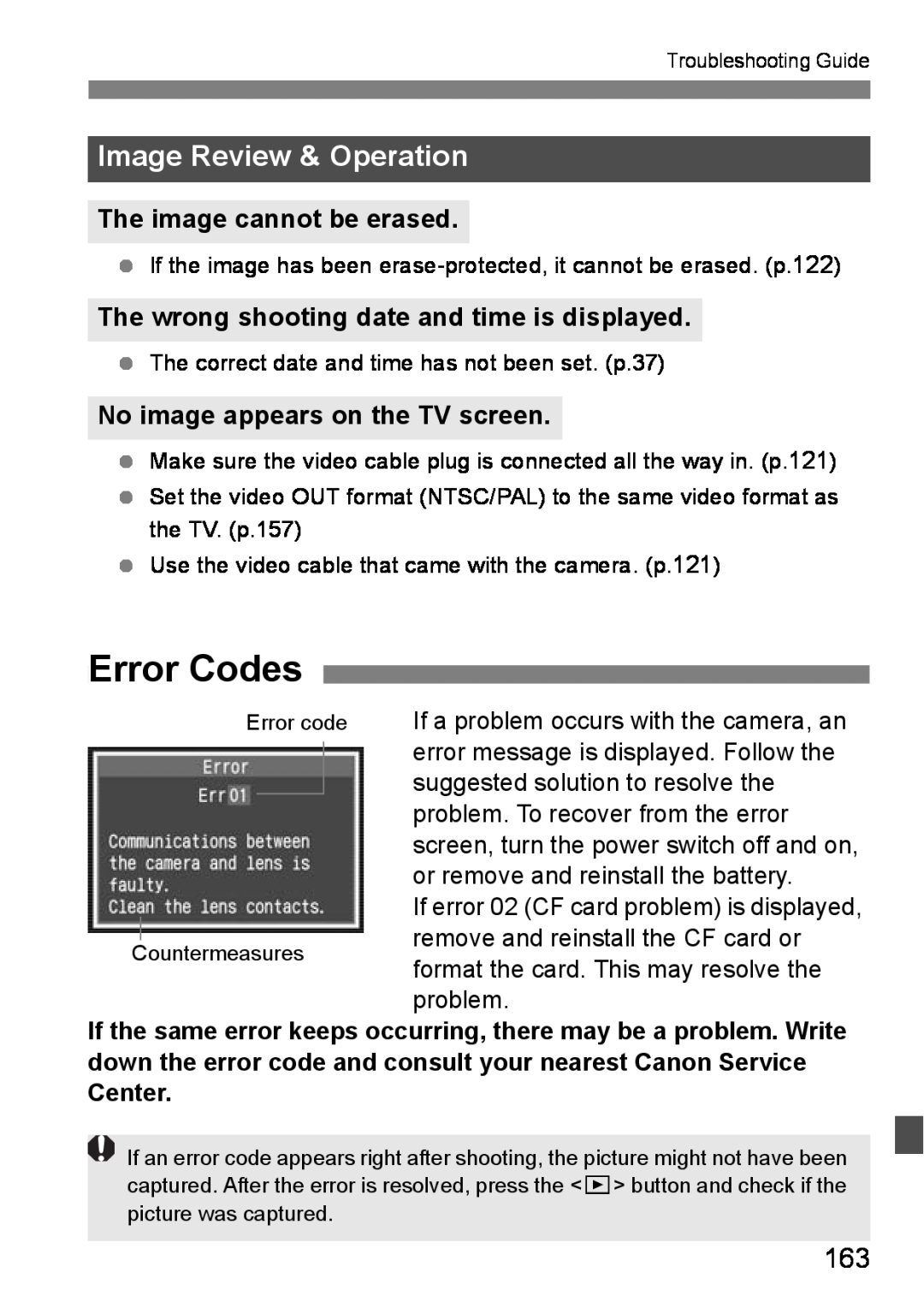 Canon EOS DIGITAL REBEL XTI instruction manual Error Codes, Image Review & Operation, The image cannot be erased 