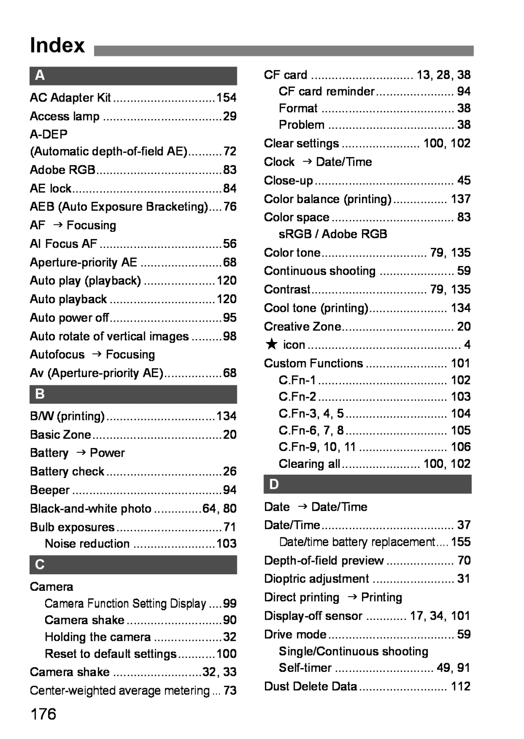 Canon EOS DIGITAL REBEL XTI instruction manual Index 