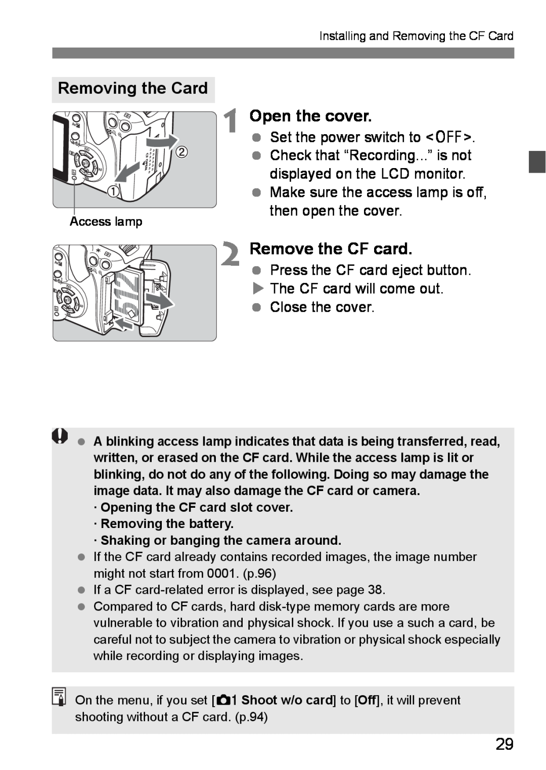 Canon EOS DIGITAL REBEL XTI instruction manual Removing the Card 1 Open the cover, Remove the CF card, Close the cover 