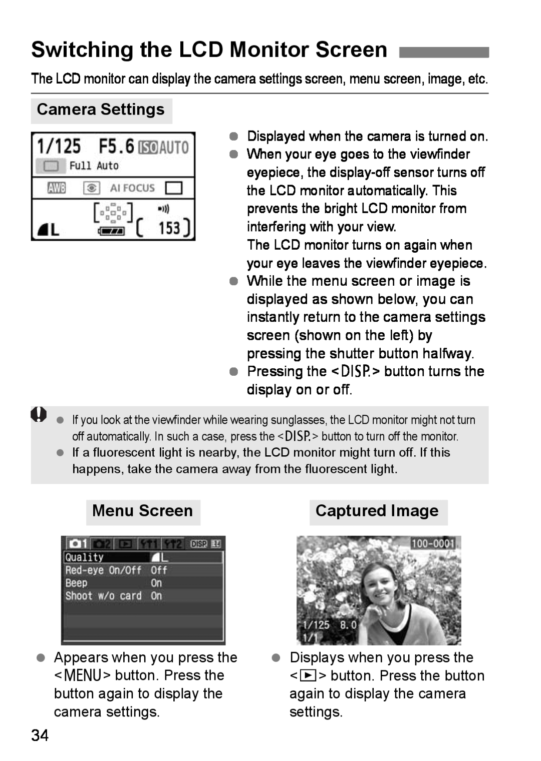 Canon EOS DIGITAL REBEL XTI Switching the LCD Monitor Screen, Camera Settings, Menu Screen, Captured Image 