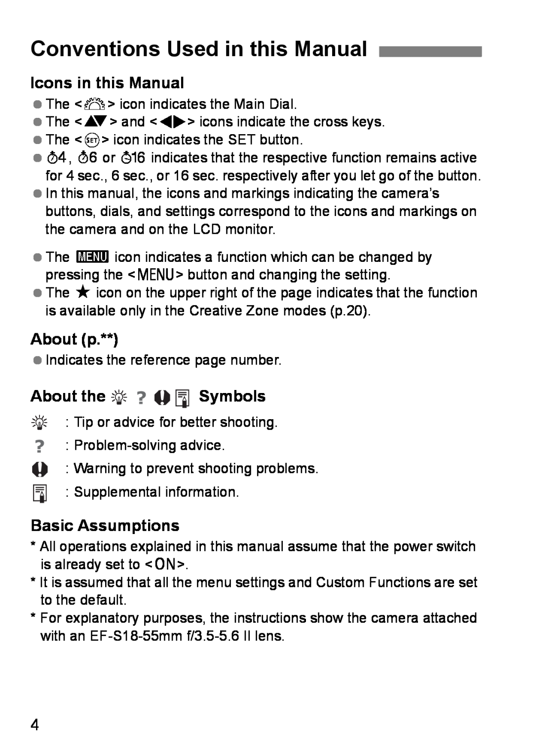 Canon EOS DIGITAL REBEL XTI Conventions Used in this Manual, Icons in this Manual, About p, About the Symbols 