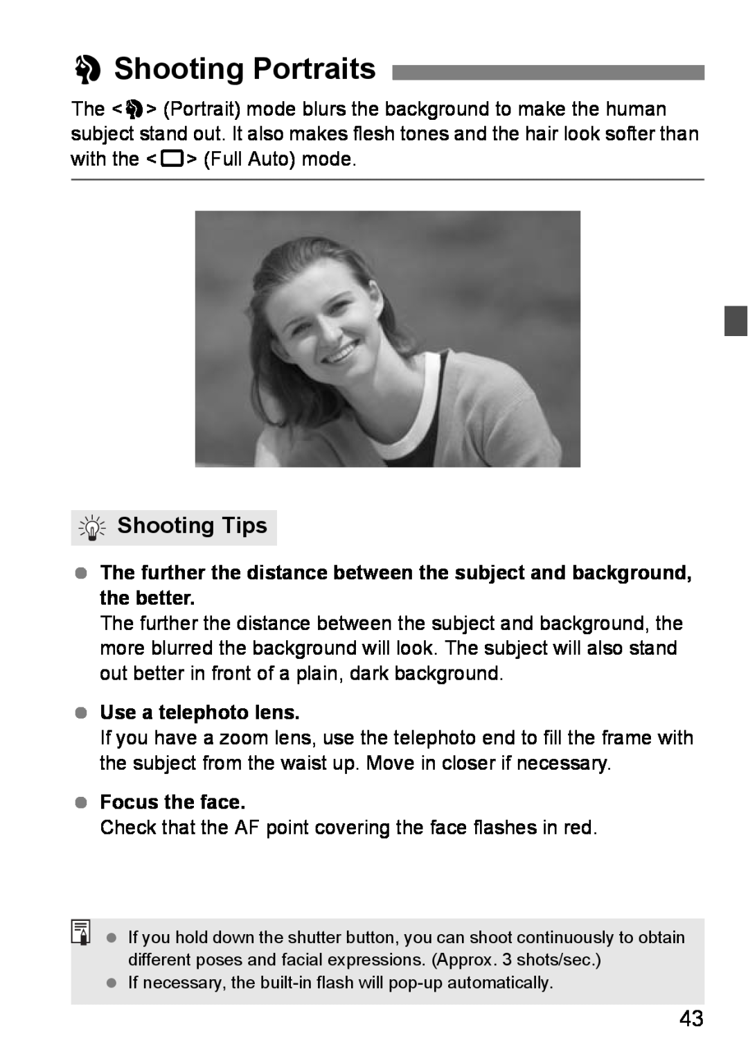 Canon EOS DIGITAL REBEL XTI instruction manual 2Shooting Portraits, Shooting Tips, Use a telephoto lens, Focus the face 