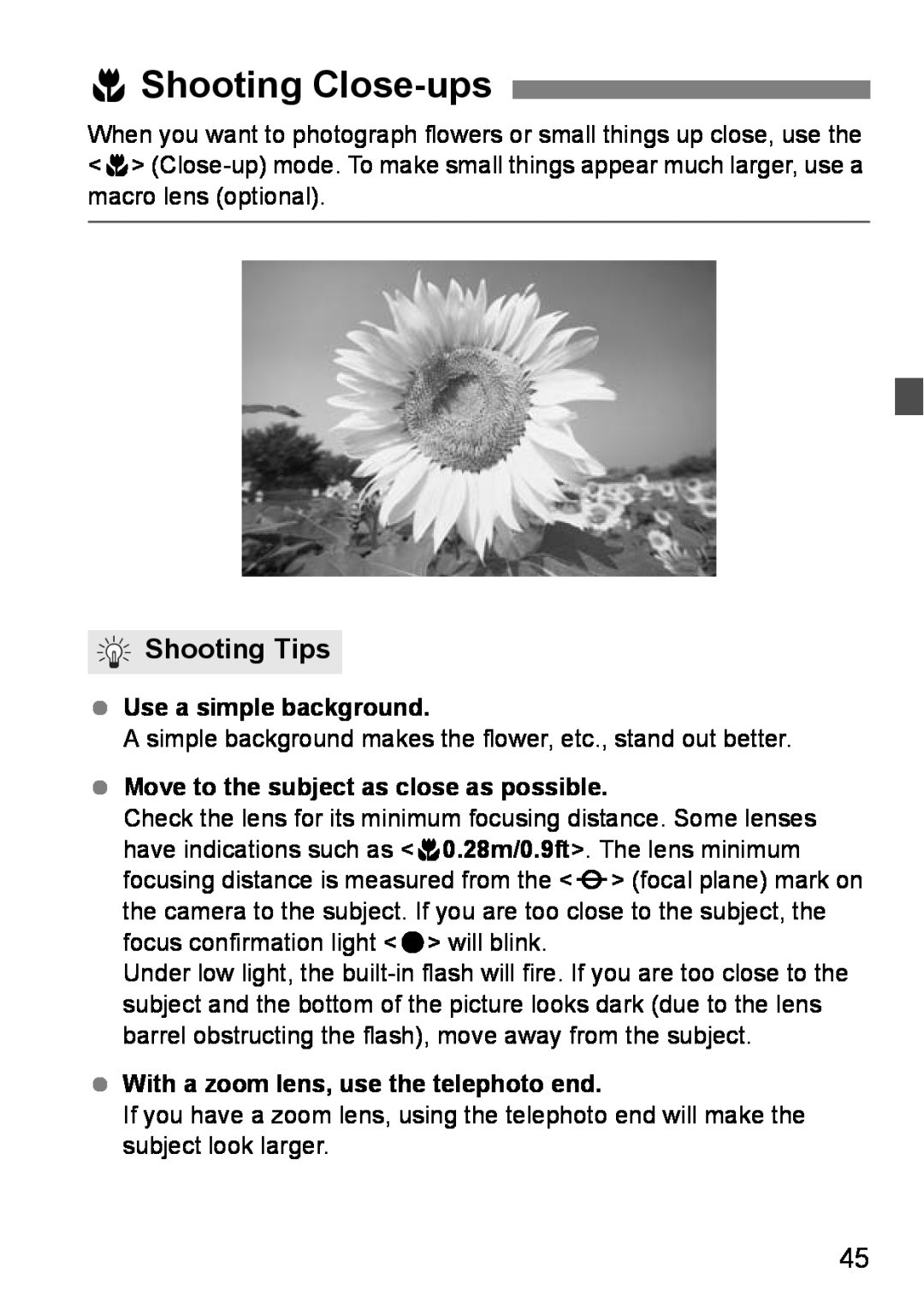 Canon EOS DIGITAL REBEL XTI instruction manual 4Shooting Close-ups, Shooting Tips, Use a simple background 