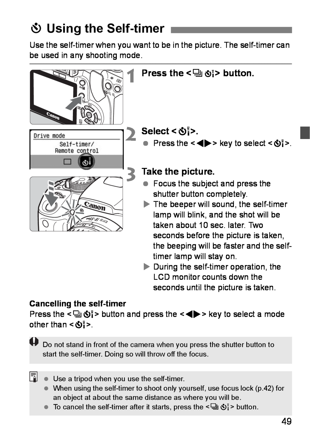 Canon EOS DIGITAL REBEL XTI instruction manual jUsing the Self-timer, Press the iQ button Select Q, Take the picture 