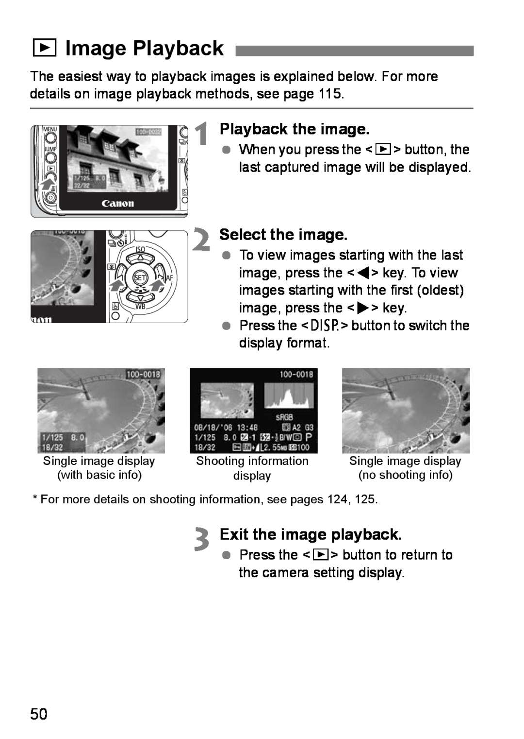 Canon EOS DIGITAL REBEL XTI xImage Playback, Playback the image, Select the image, Exit the image playback 