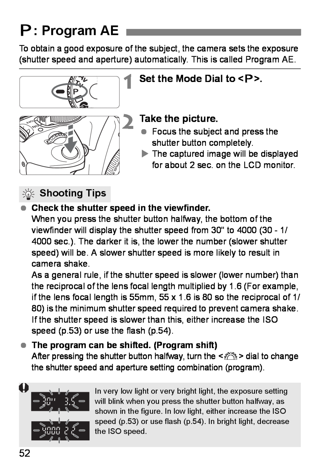 Canon EOS DIGITAL REBEL XTI instruction manual d Program AE, Set the Mode Dial to d Take the picture, Shooting Tips 