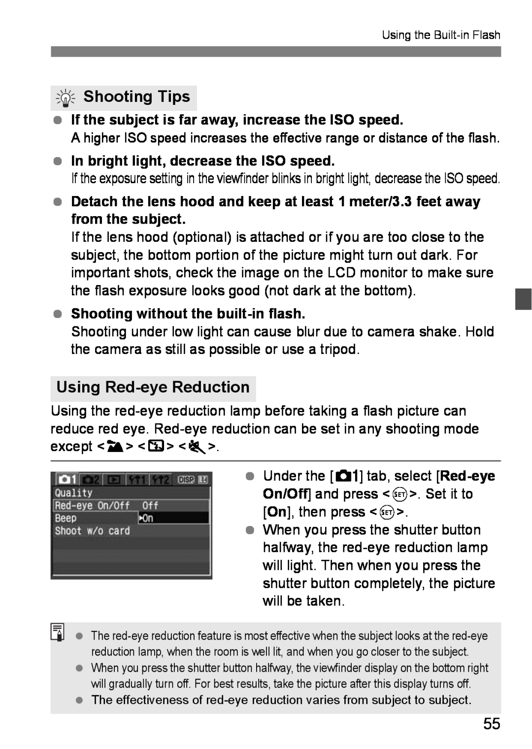 Canon EOS DIGITAL REBEL XTI Using Red-eye Reduction, Shooting Tips, If the subject is far away, increase the ISO speed 