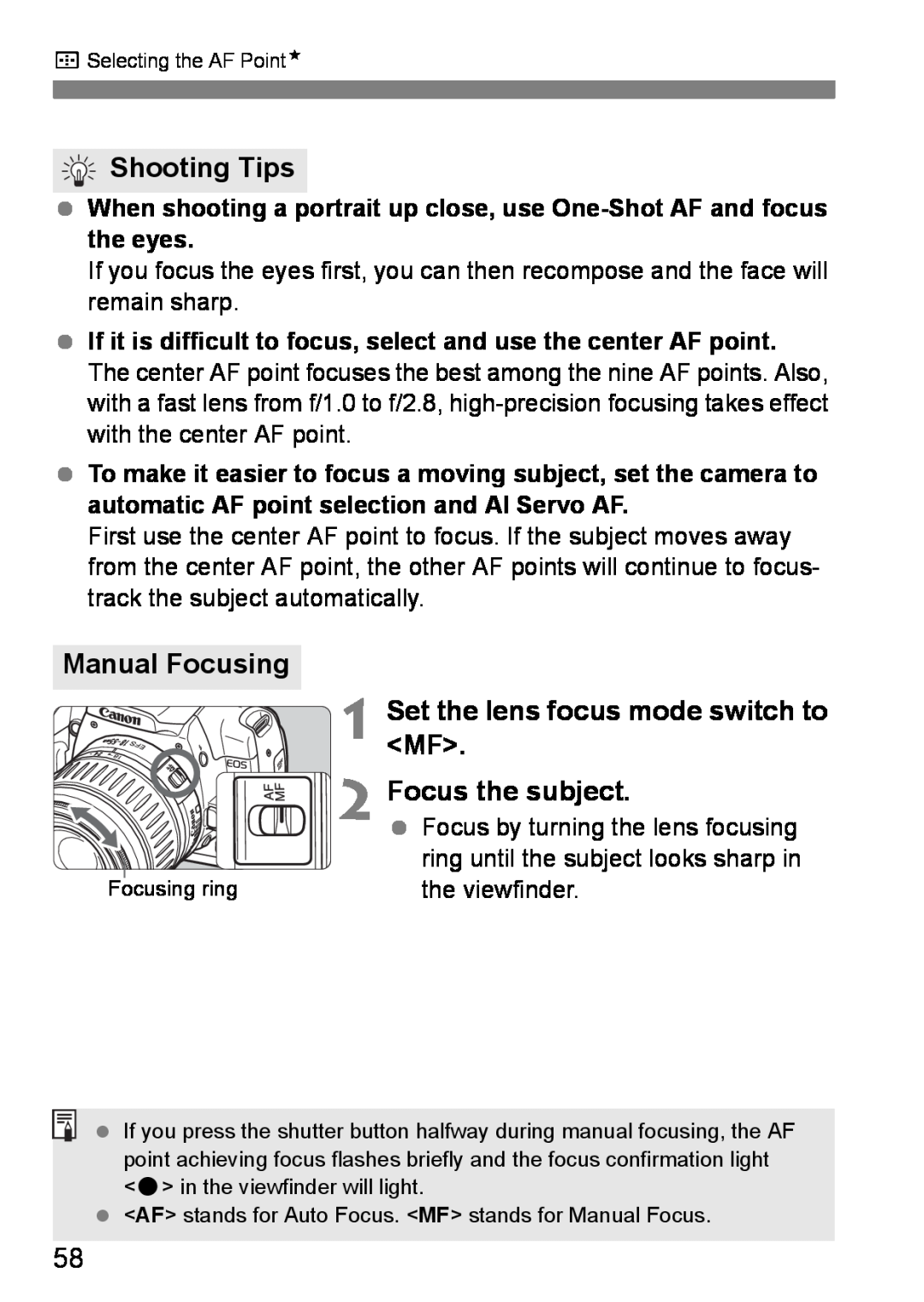 Canon EOS DIGITAL REBEL XTI Manual Focusing, Focus the subject, Shooting Tips, Set the lens focus mode switch to 