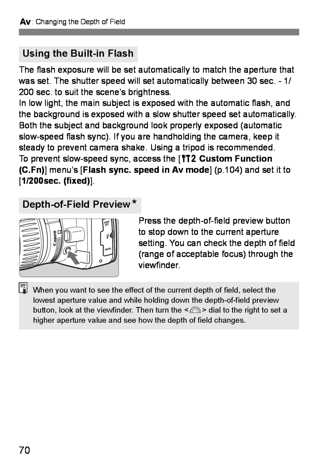 Canon EOS DIGITAL REBEL XTI instruction manual Depth-of-Field PreviewN, Using the Built-in Flash 