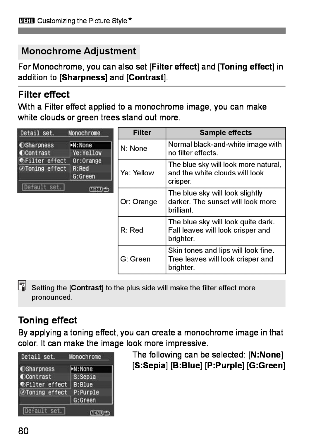 Canon EOS DIGITAL REBEL XTI instruction manual Monochrome Adjustment, Filter effect, Toning effect 