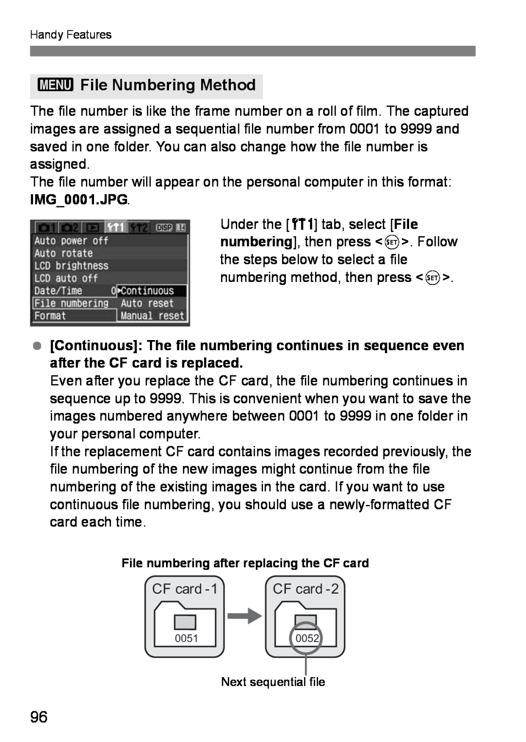 Canon EOS DIGITAL REBEL XTI instruction manual 3File Numbering Method, CF card 