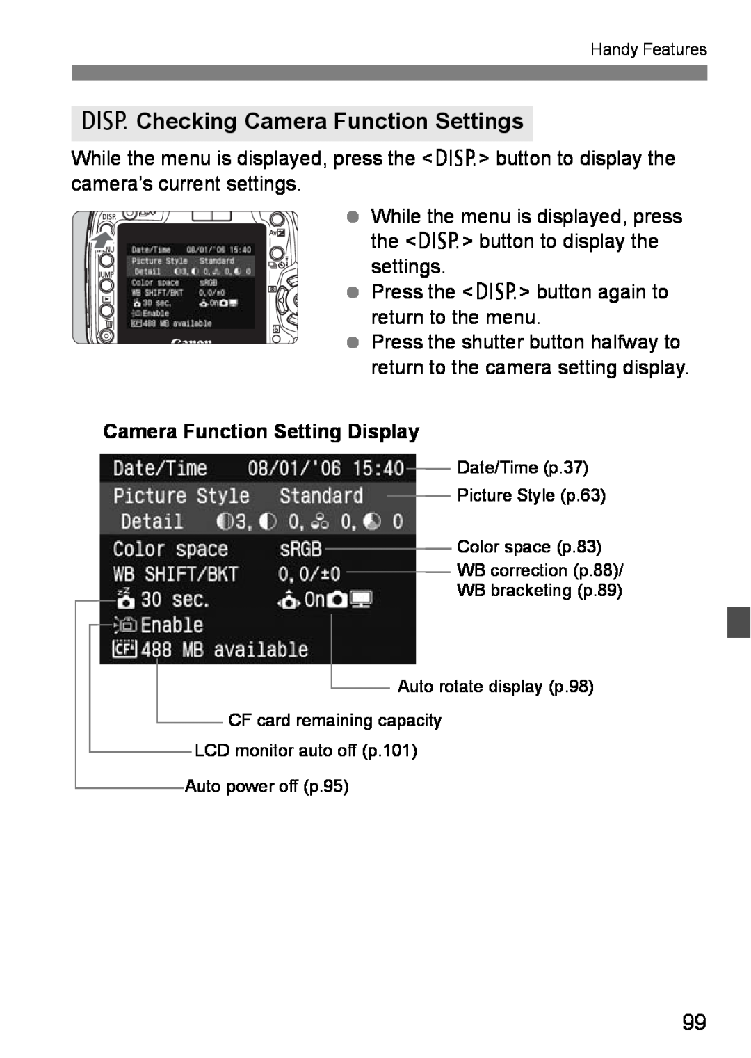 Canon EOS DIGITAL REBEL XTI instruction manual BChecking Camera Function Settings, Camera Function Setting Display 