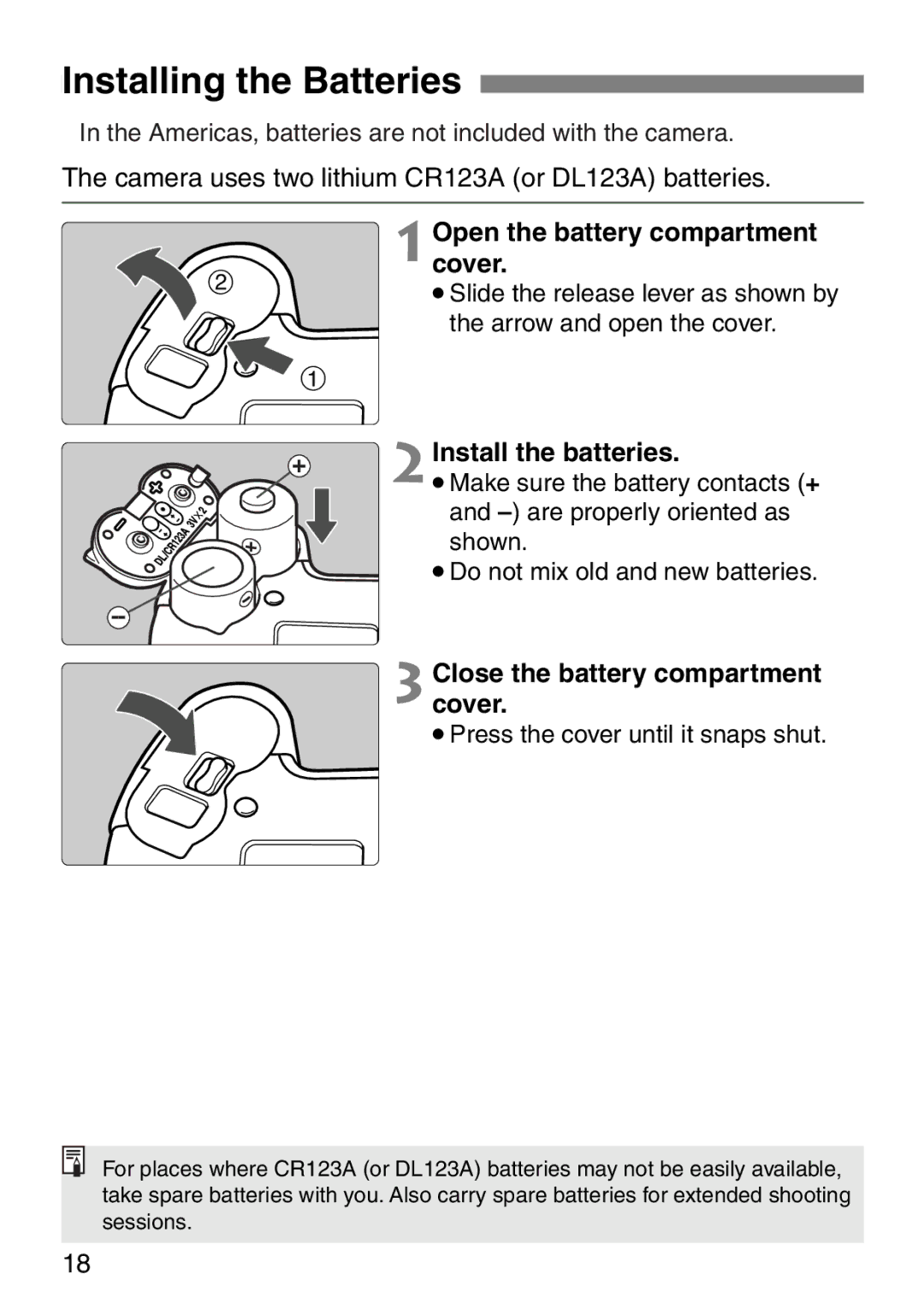 Canon EOS Elan 7NE Body Only manual Installing the Batteries, Open the battery compartment, Cover, Install the batteries 