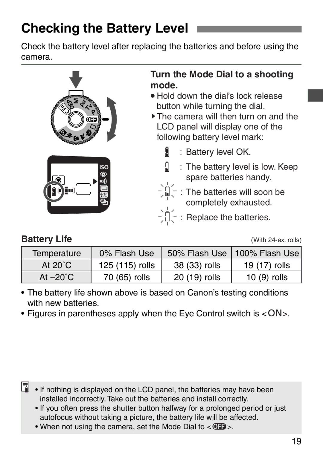 Canon EOS Elan 7NE Body Only manual Checking the Battery Level, Turn the Mode Dial to a shooting mode, Battery Life 