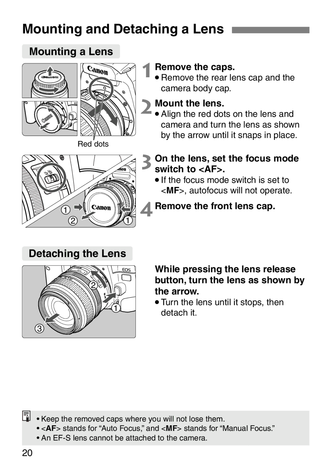 Canon EOS Elan 7NE Body Only manual Mounting and Detaching a Lens, Mounting a Lens, Detaching the Lens 