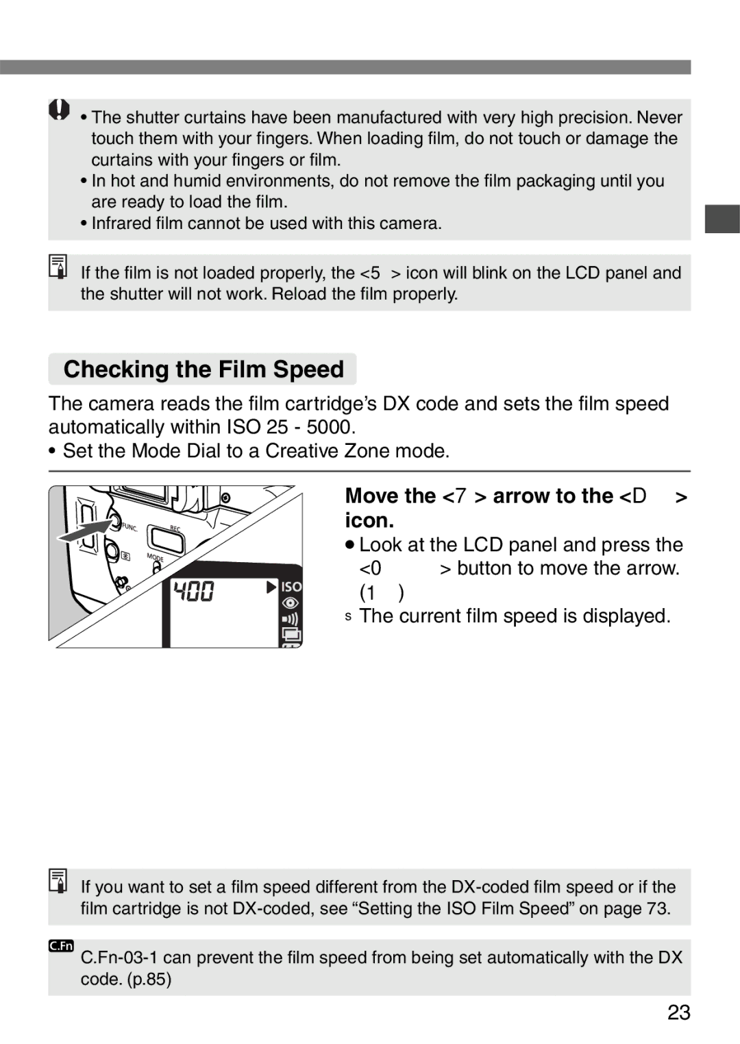 Canon EOS Elan 7NE Body Only manual Checking the Film Speed, Move the 7 arrow to the D icon 